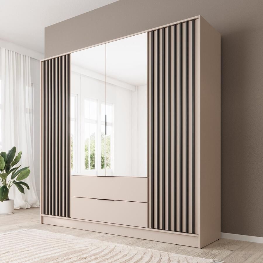 MEUBELLA Kledingkast Nairobi Beige Zwart 206 cm met spiegel