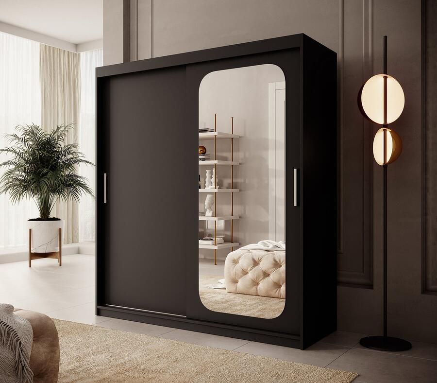 Meubella Kledingkast Pete Zwart 180 cm Met spiegel