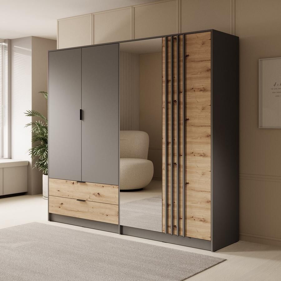 MEUBELLA Kledingkast Roma Grijs Eiken 221 cm Met spiegel