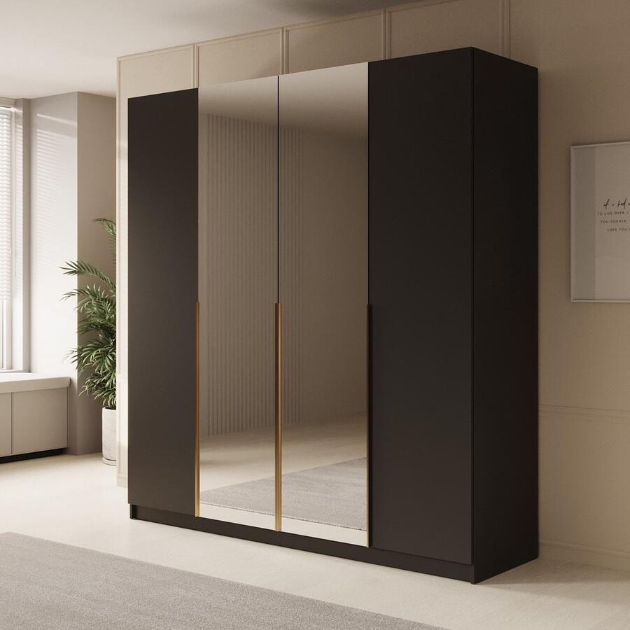 MEUBELLA Kledingkast Sabre 2 Zwart 200 cm Met spiegel