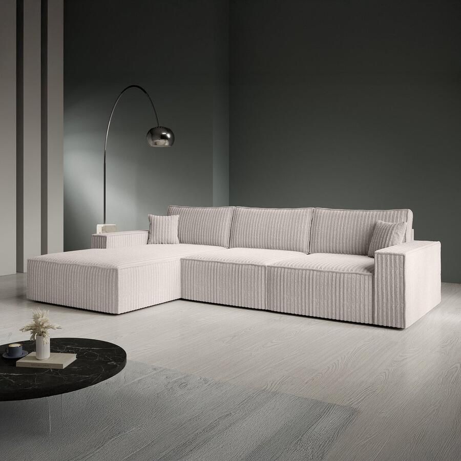 MEUBELLA Manolo Hoekbank 3-zits met chaise longue Ribstof beige Links