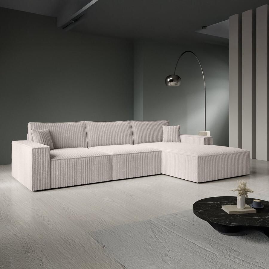 MEUBELLA Manolo Hoekbank 3-zits met chaise longue Ribstof beige Rechts