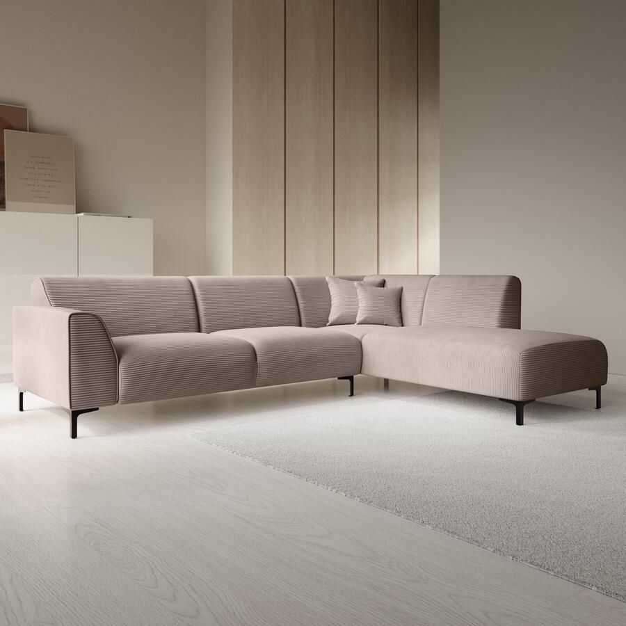 MEUBELLA Moana Hoekbank 4-zits met chaise longue Ribstof bruin Rechts