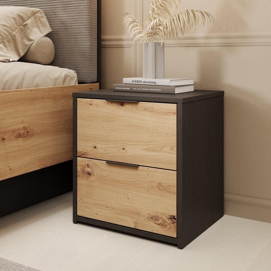 MEUBELLA Nachtkastje Augustus Eiken Zwart 44 cm Set van 2