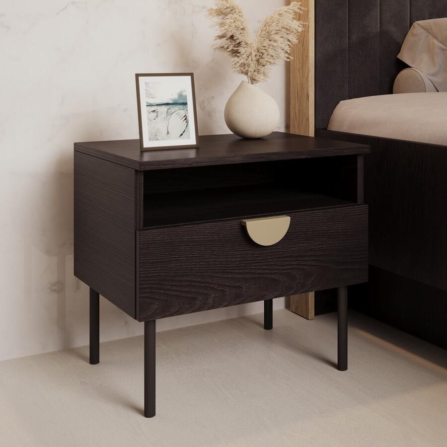 Meubella Nachtkastje Monor Zwart eiken 50 cm Set van 2