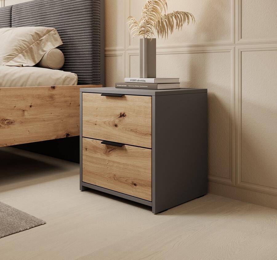 MEUBELLA Nachtkastje Roma Grijs Eiken 44 cm Set van 2