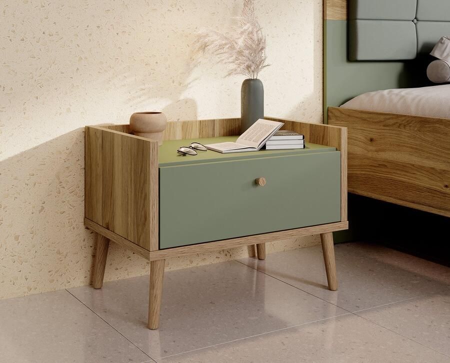 MEUBELLA Nachtkastje Wally Licht eiken Groen 60 cm