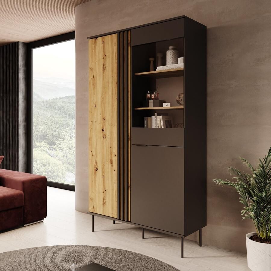 MEUBELLA Rogan Vitrinekast Zwart 111x40x195 cm