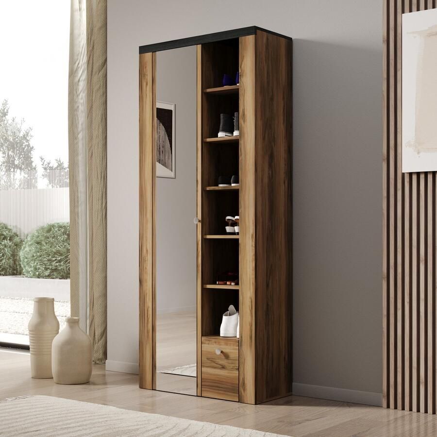 MEUBELLA Schoenenkast Linford Donker eiken 80 cm Met spiegel