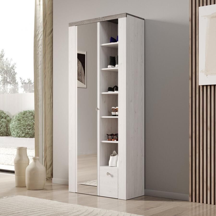 MEUBELLA Schoenenkast Linford Wit eiken 80 cm Met spiegel