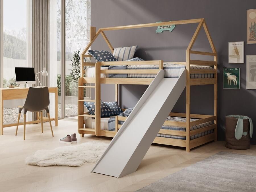 MEUBELLA Stapelbed Puck Eiken 90x200 cm Met glijbaan