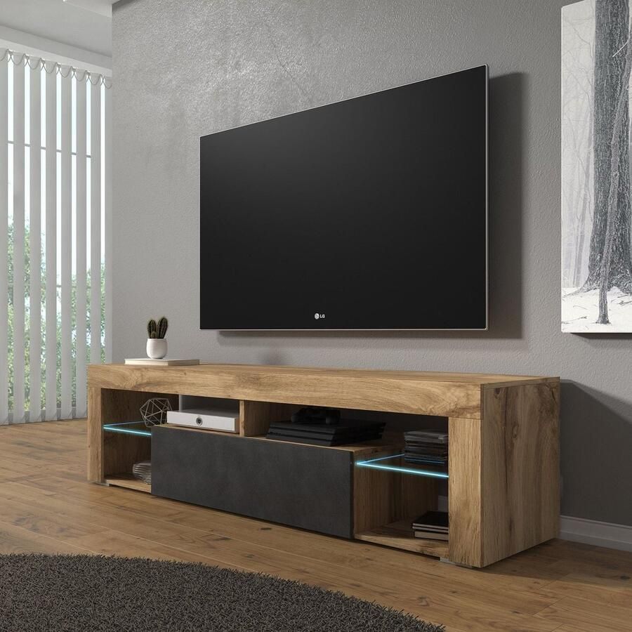 MEUBELLA TV-Meubel Fancy Grijs Eiken 140 cm Met LED - Foto 2