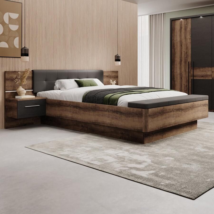 MEUBELLA Tweepersoonsbed Ripley Donker eiken 160x200 cm Met opbergruimte