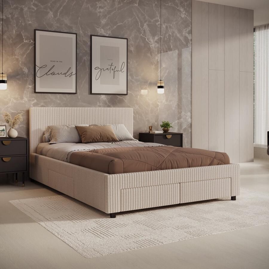 MEUBELLA Tweepersoonsbed Suente Beige ribstof 140x200 cm