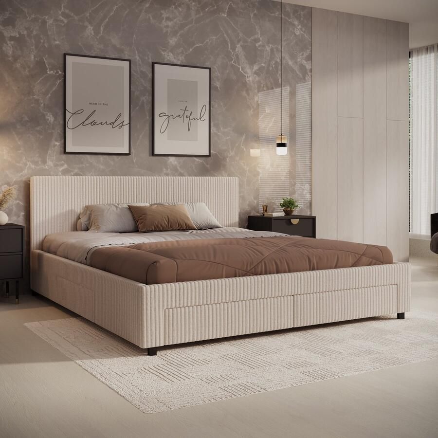 MEUBELLA Tweepersoonsbed Suente Beige ribstof 180x200 cm