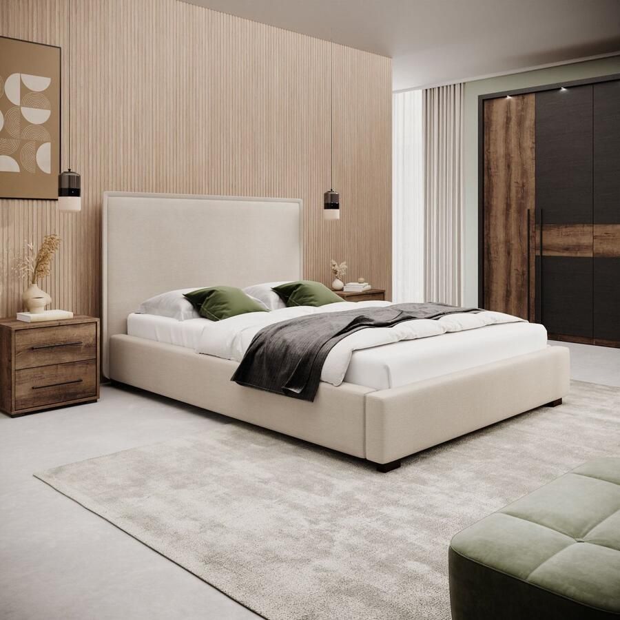 MEUBELLA Tweepersoonsbed Veda Beige ribstof 140x200 cm