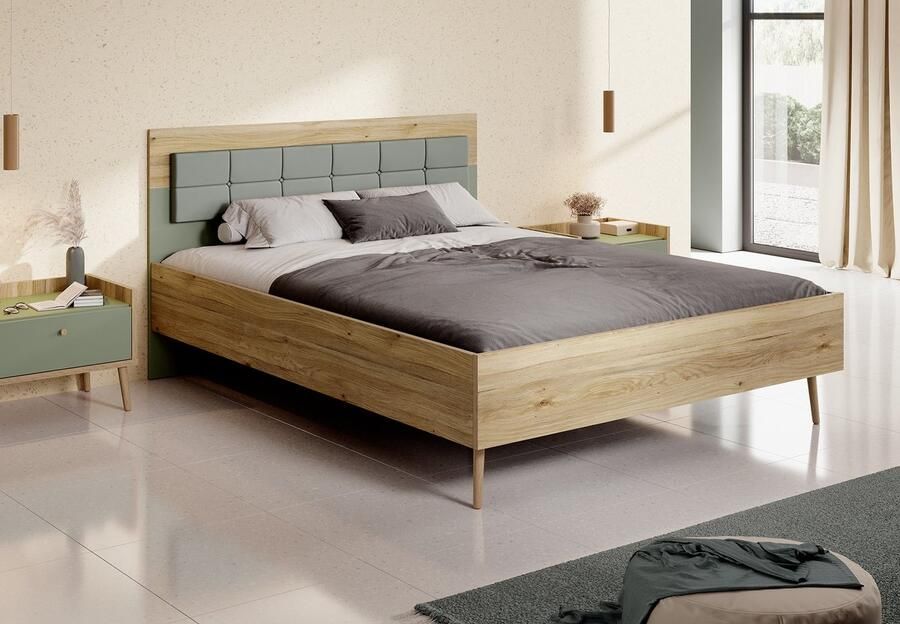 MEUBELLA Tweepersoonsbed Wally Licht eiken Groen 160x200 cm