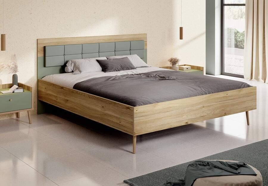 MEUBELLA Tweepersoonsbed Wally Licht eiken Groen 180x200 cm