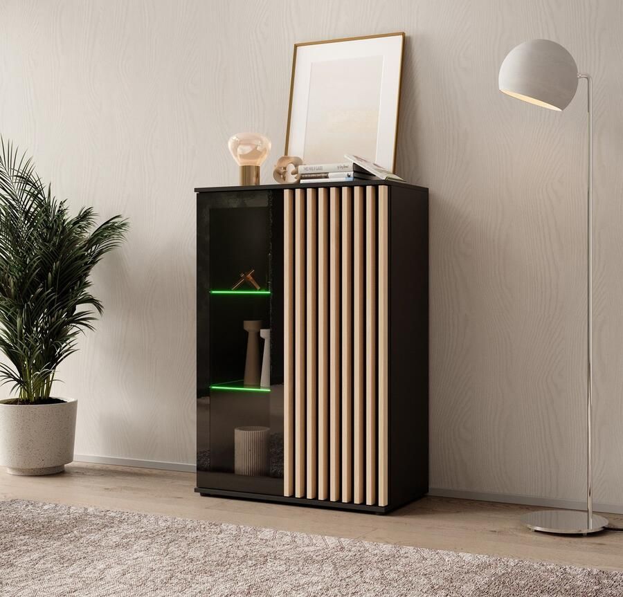 MEUBELLA Vitrinekast Corluka Zwart Eiken 80 cm Laag