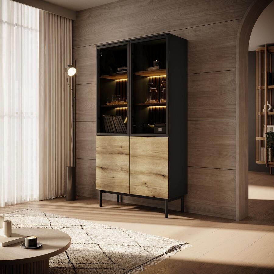 MEUBELLA Vitrinekast Ludwig Zwart Eiken 100 cm Hoog