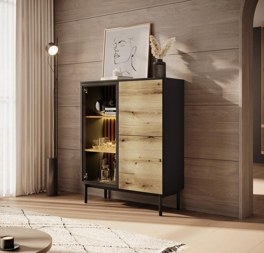 MEUBELLA Vitrinekast Ludwig Zwart Eiken 100 cm Laag