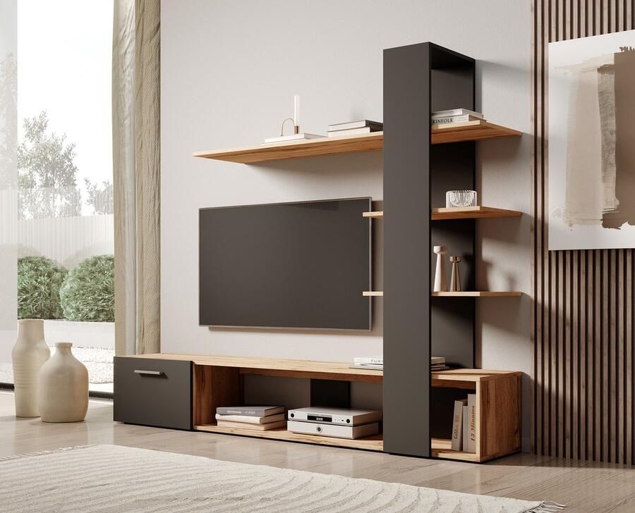 MEUBELLA Wandmeubel Eraser Eiken Zwart 190 cm