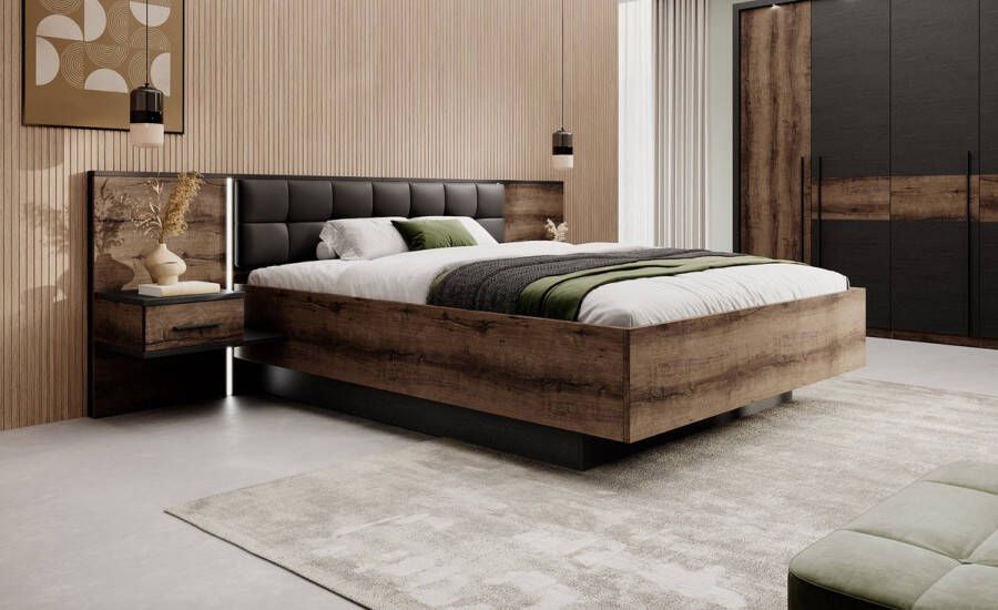 MEUBELLA Tweepersoonsbed Borna Donker eiken Grijs eiken 160x200 cm