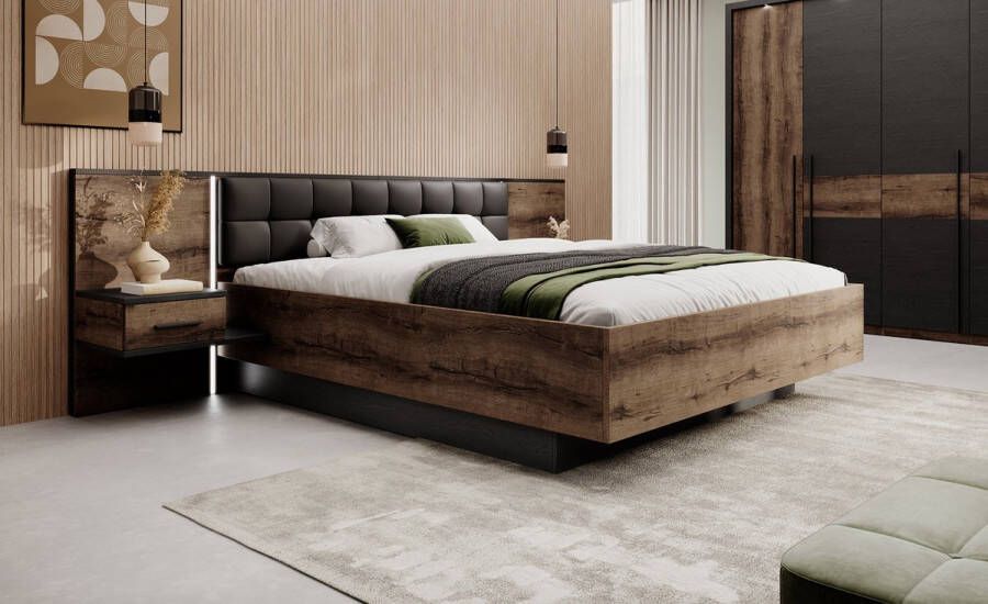 MEUBELLA Tweepersoonsbed Borna Donker eiken Grijs eiken 180x200 cm