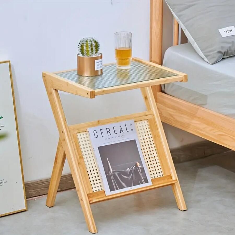 MeubelMagie Minimalistische Bijzettafel Nachtkastje Rotan Licht hout