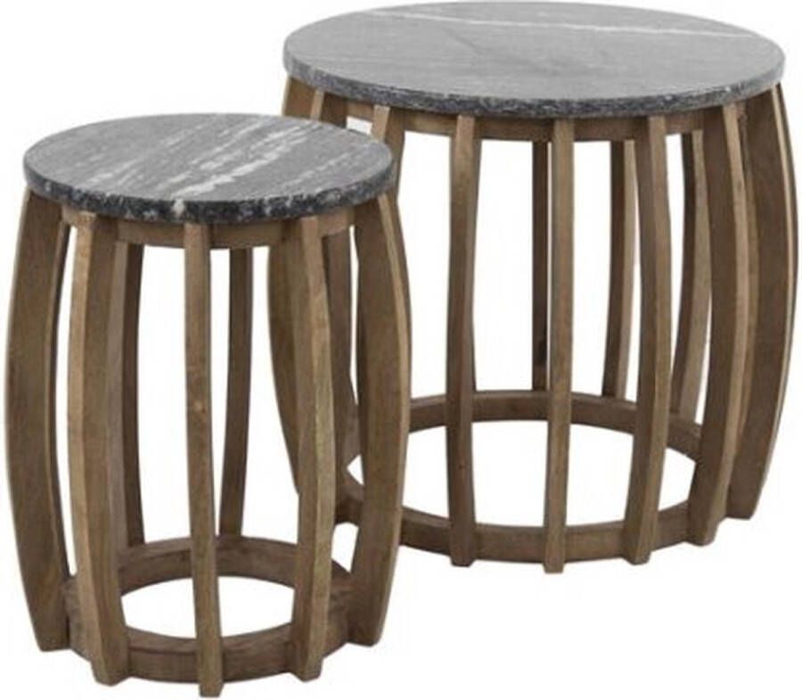 Meubelplaats Bijzettafel Luna Set van 2 mangohout zwart marmer modern elegant design set van twee salontafels