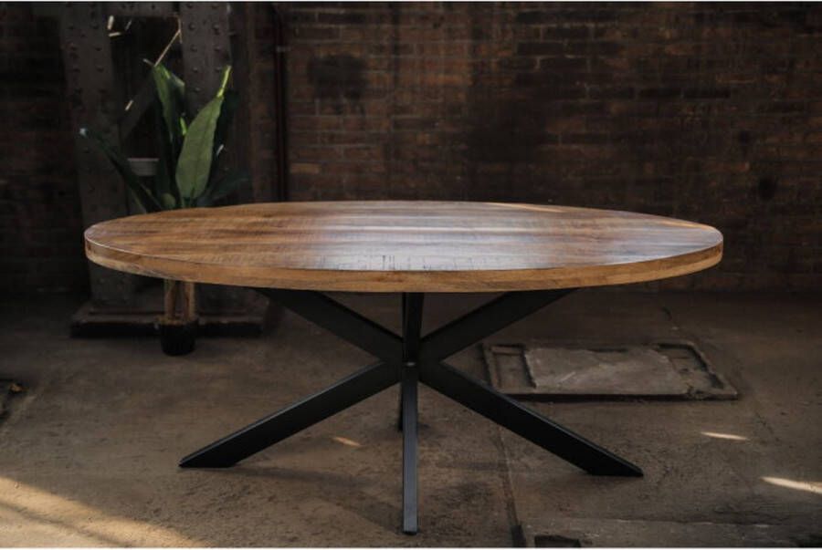 Meubelplaats ovale mango Eettafel met spinpoot industrieel design 180x90 cm Zwarte Metalen Matrixpoot mangohout ovaal