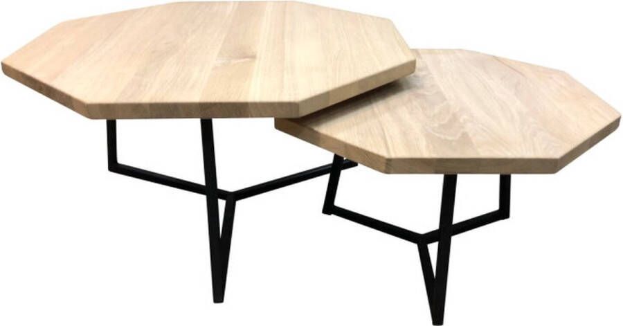 Meubelplaats Salontafel Set Octagon met achthoek Design Massief Eikenhout 3 cm Dik Blad industrieel metalen onderstel