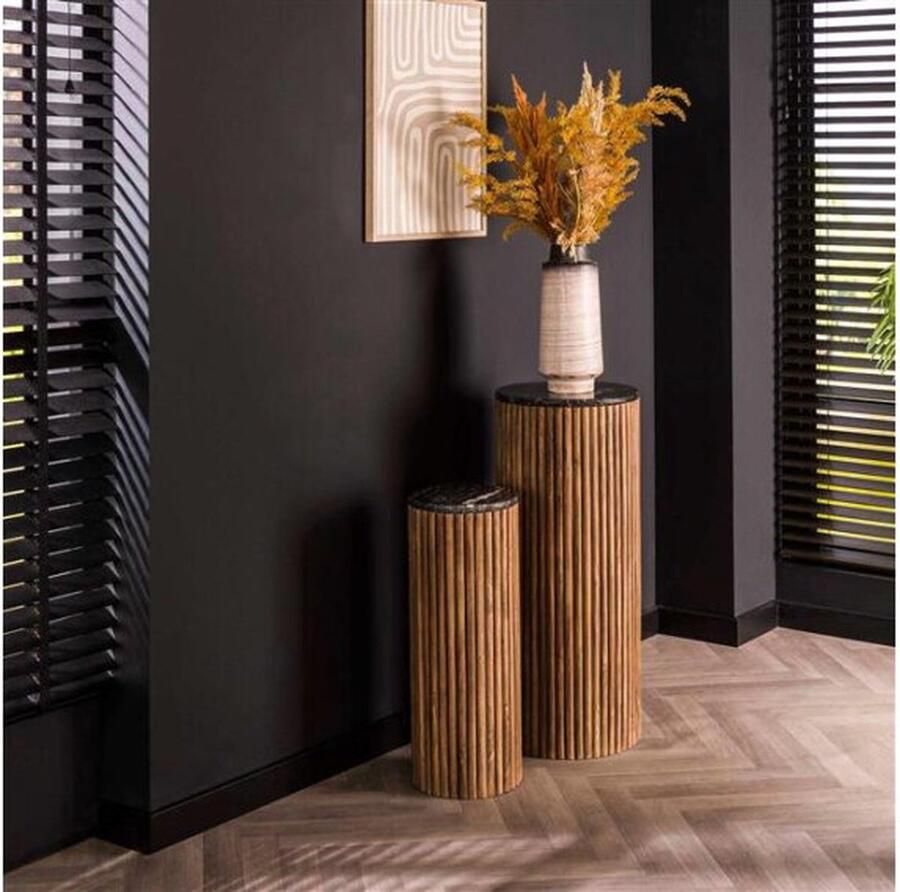 Meubelplaats Bloemenzuil Luna set van 2 mangohout zwart marmer bijzettafels plantentafel plantenstandaard sokkel