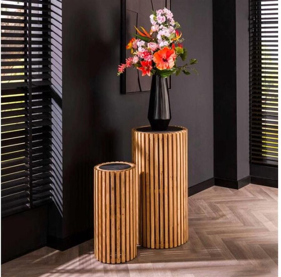 Meubelplaats Bloemenzuil Silvia set van 2 Acacia en leisteen bijzettafels plantentafel plantenstandaard sokkel