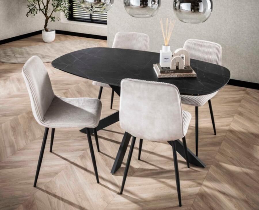 Meubelplaats Combideal eetkamerset: Deens ovale eettafel Marquina marmerlook met 4 ribstof stoelen Wit
