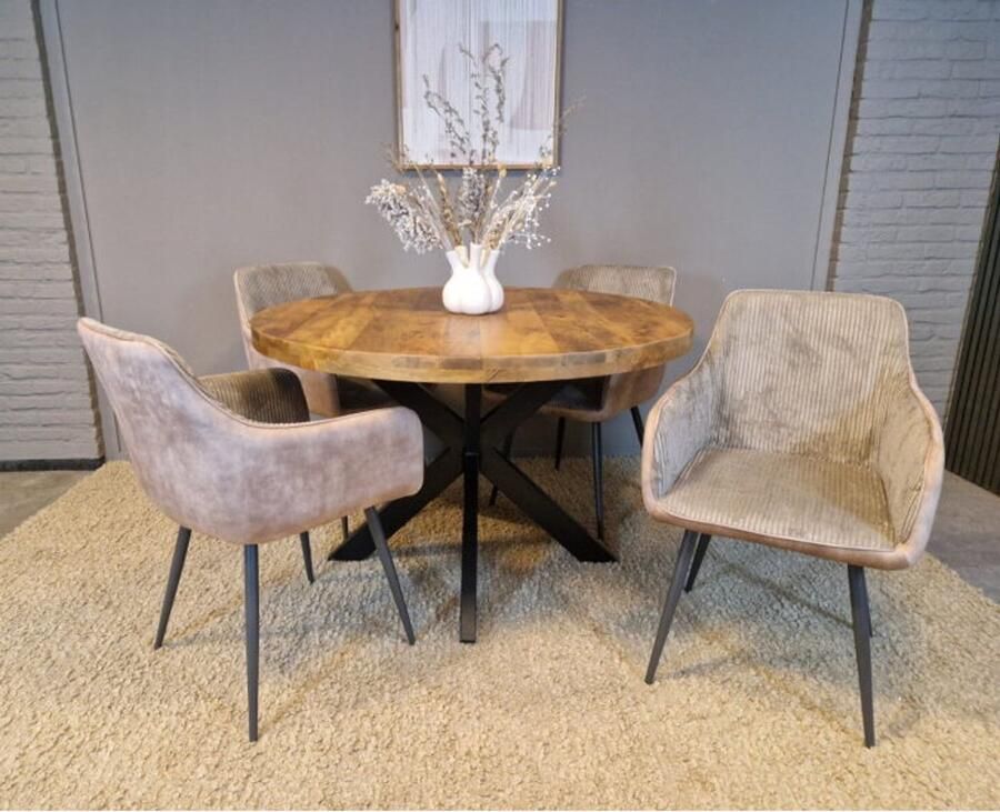 Meubelplaats Combideal eetkamerset: ronde eettafel Mangohout 120 cm met 4 Kreta eetkamerstoelen met armleuning ribstof Zand