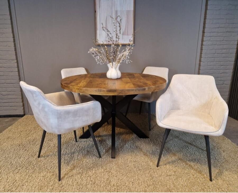 Meubelplaats Combideal eetkamerset: ronde eettafel Mangohout 120 cm met 4 Kreta eetkamerstoelen met armleuning ribstof Wit