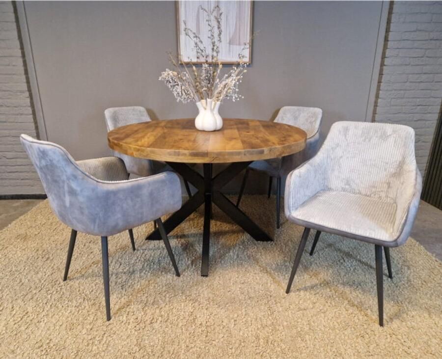 Meubelplaats Combideal eetkamerset: ronde eettafel Mangohout 120 cm met 4 Kreta eetkamerstoelen met armleuning ribstof Lichtgrijs