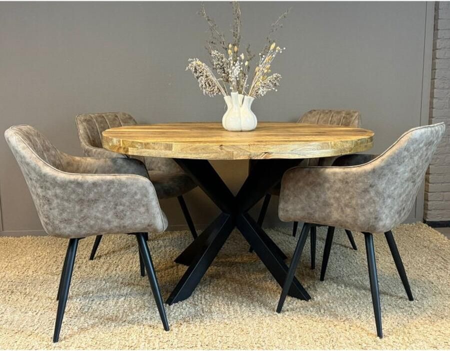 Meubelplaats Combideal Eetkamerset: Ronde Mangohouten Eettafel 130 cm met 4 Montana Stoelen Taupe