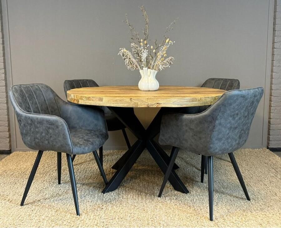 Meubelplaats Combideal Eetkamerset: Ronde Mangohouten Eettafel 130 cm met 4 Montana Stoelen Antraciet