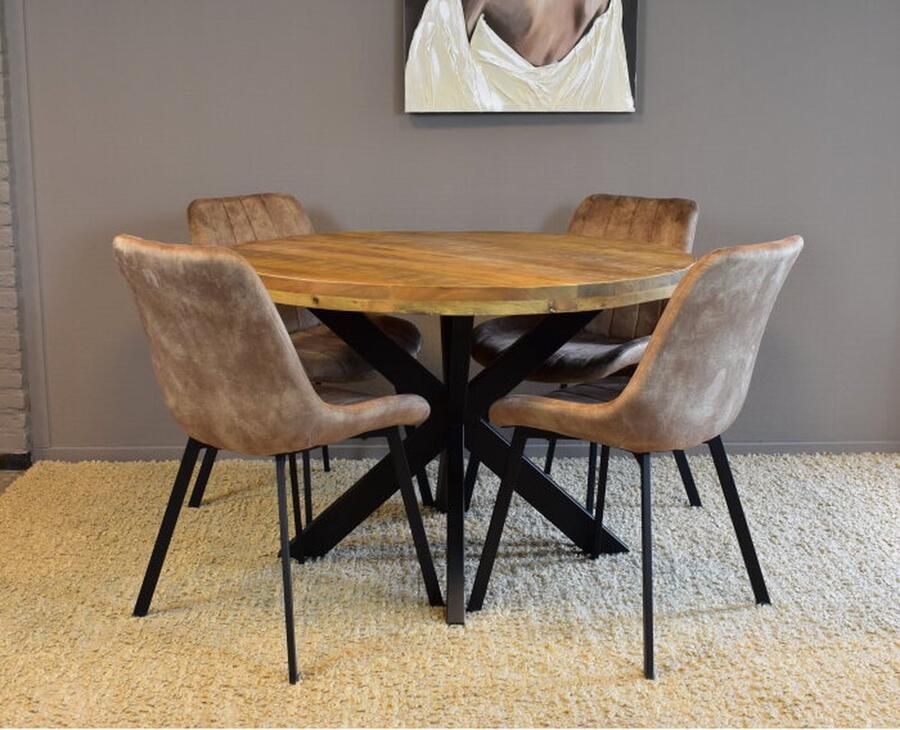 Meubelplaats Combideal Eetkamerset: Ronde Mangohouten Eettafel met 4 antraciet Austin Stoelen