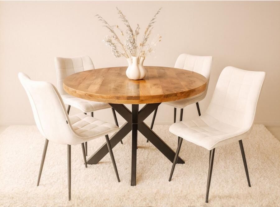 Meubelplaats Combideal Leonardo: ronde eettafel Mangohout 120 cm met 4 Leonardo eetkamerstoelen Stof perfect harmony Beige Eethoek eetkamerset