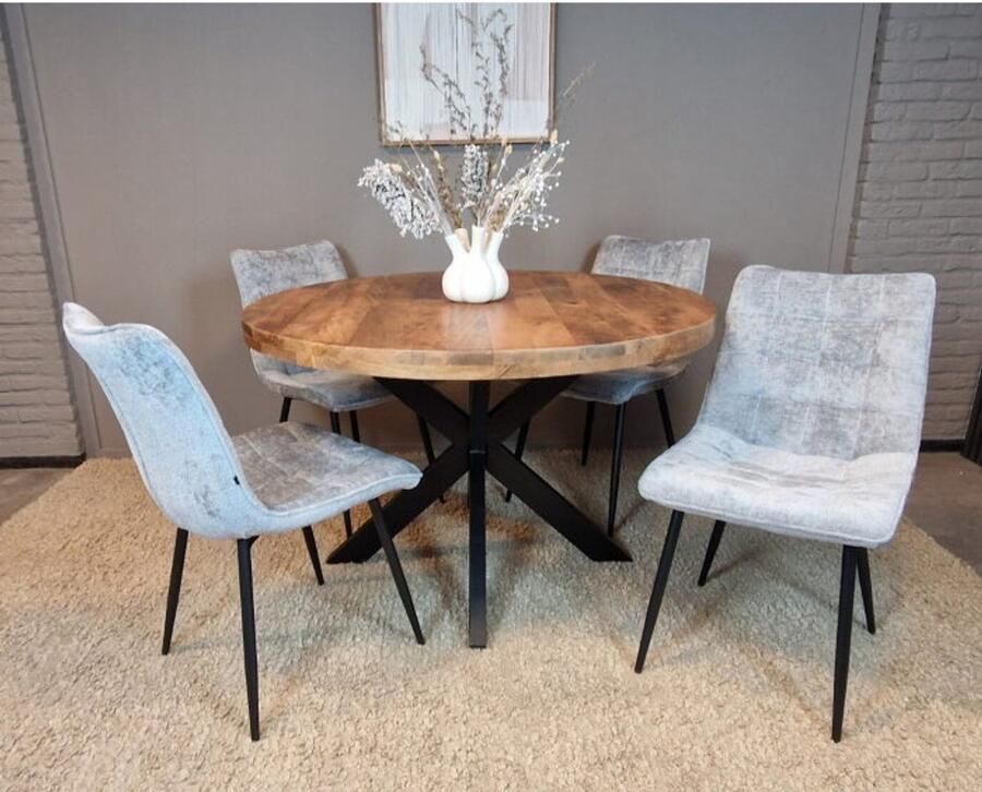 Meubelplaats Combideal Leonardo: ronde eettafel Mangohout 120 cm met 4 Leonardo eetkamerstoelen Stof perfect harmony Lichtgrijs Eethoek eetkamerset
