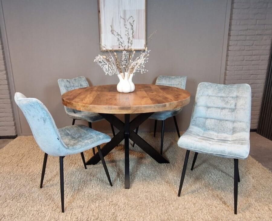 Meubelplaats Combideal Leonardo: ronde eettafel Mangohout 120 cm met 4 Leonardo eetkamerstoelen Stof perfect harmony Lichtblauw Eethoek eetkamerset