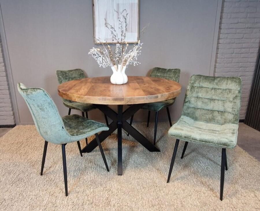 Meubelplaats Combideal Leonardo: ronde eettafel Mangohout 120 cm met 4 Leonardo eetkamerstoelen Stof perfect harmony Groen Eethoek eetkamerset
