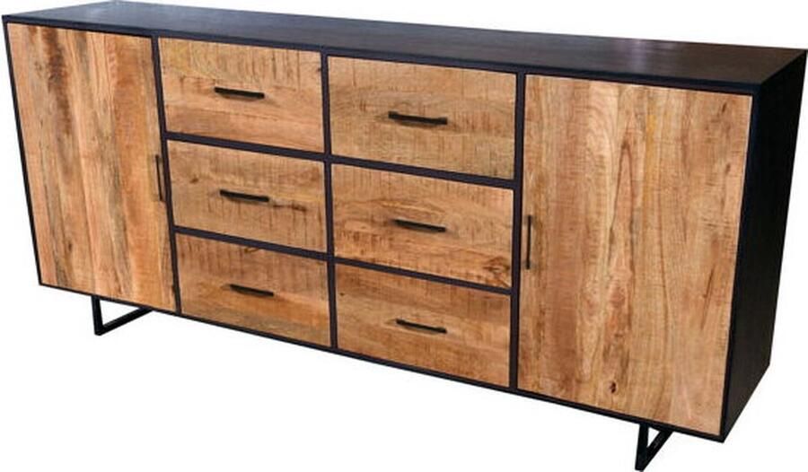 Meubelplaats Dressoir Kate Mangohout 200x45x90 cm zwart naturel luxe dressoir 6 lades 2 deuren modern design kast