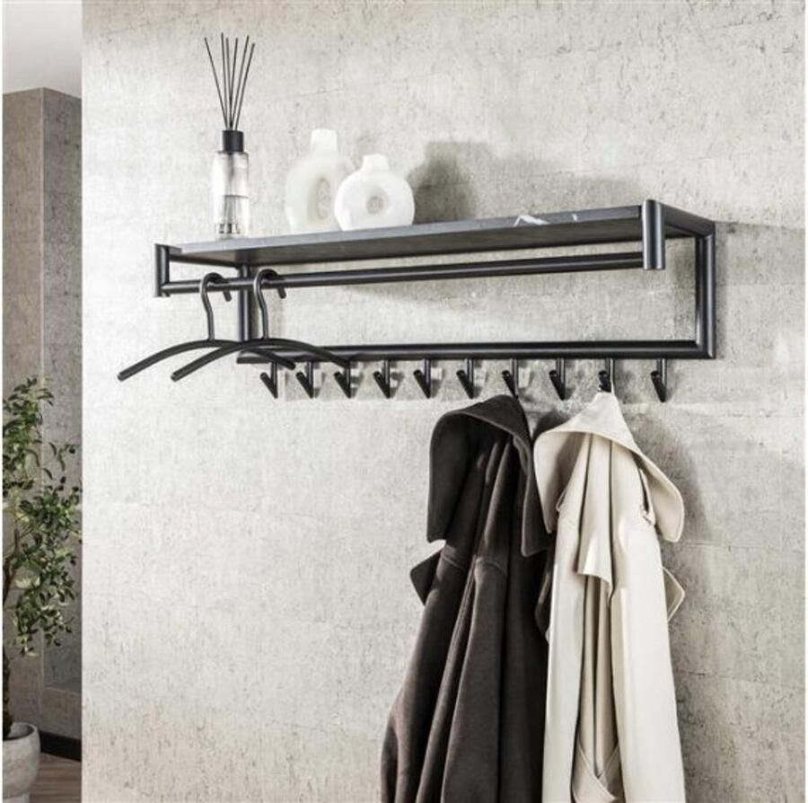 Meubelplaats Kapstok 10 haaks roede-hoedenplank 3D zwart bruin