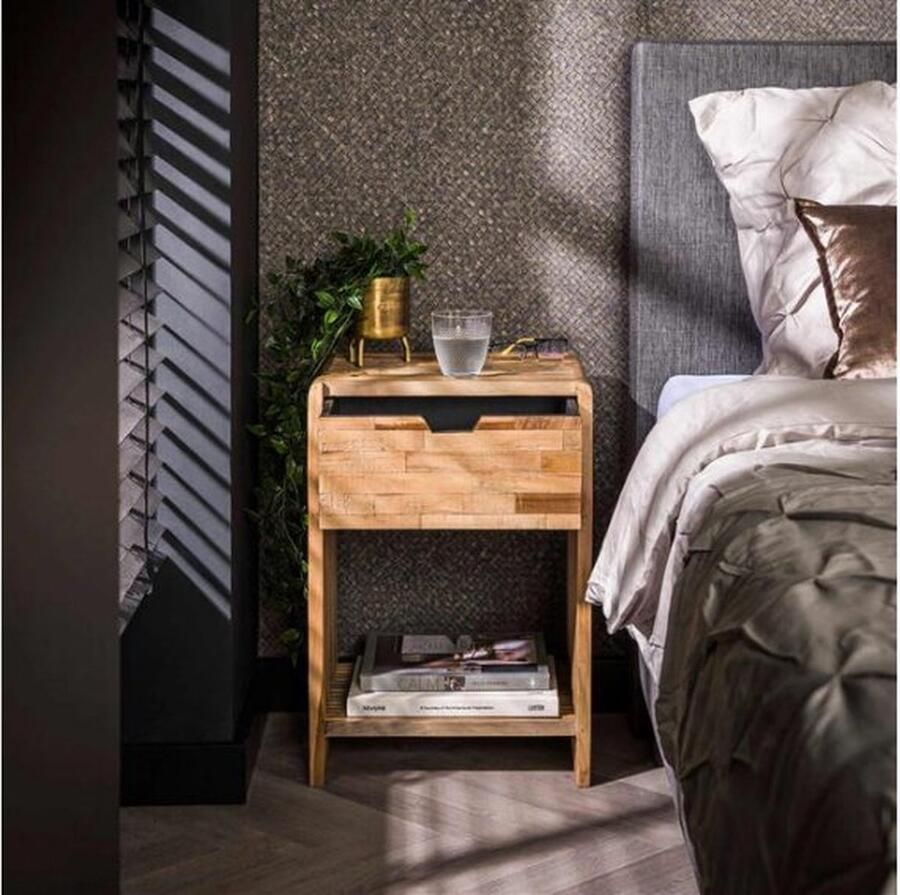 Meubelplaats Nachtkastje Rib Teakhout met Lade 40x30x55 cm halkastje bijzettafel Uniek Design Speelse Strookjesstructuur