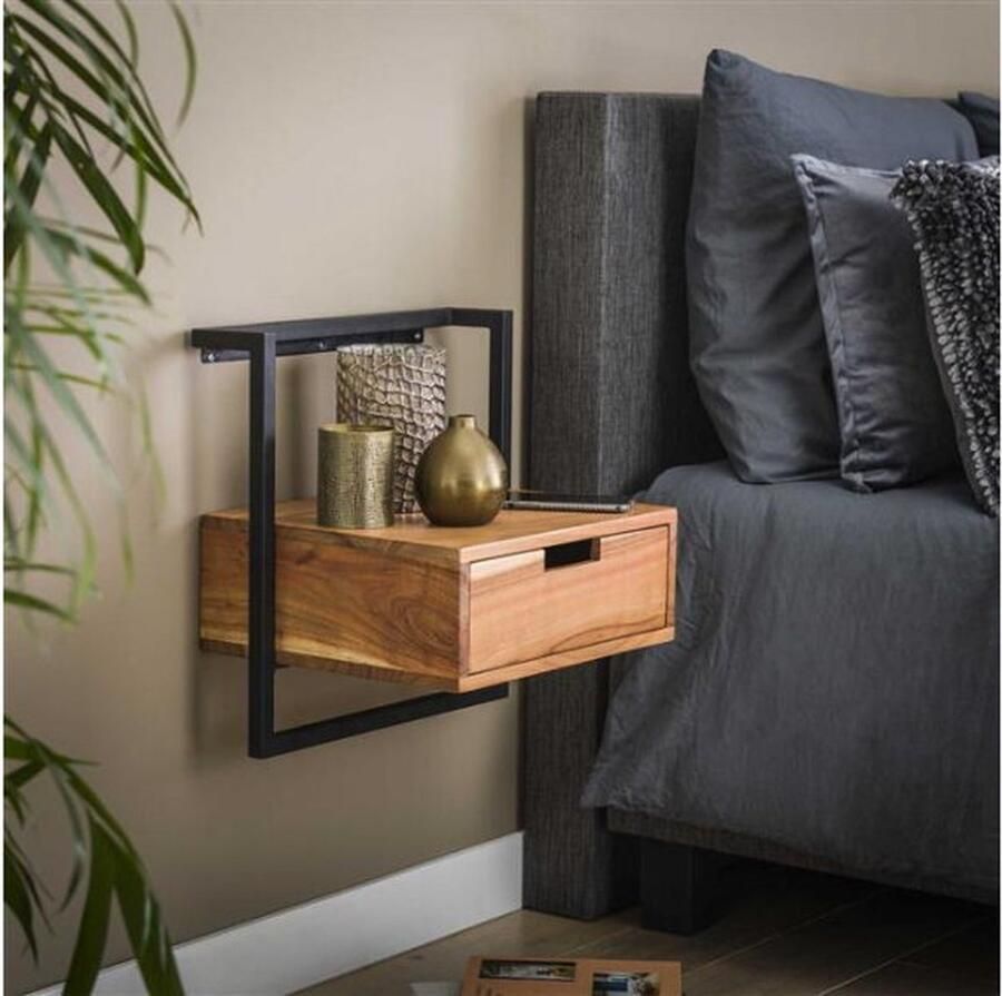 Meubelplaats Nachtkastje Air Solid Hangend Acaciahout met Zwart Metalen Frame Zwevend nachtkastje wandkastje 44x35x45 cm