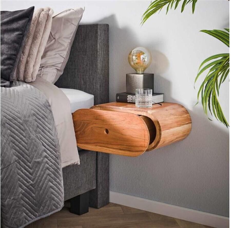 Meubelplaats Nachtkastje Bend zwevend van Massief Acaciahout Ronde Afwerking Hangend Wandmodel met Lade 45x31x20 cm Compact & Stijlvol Slaapkamermeubel